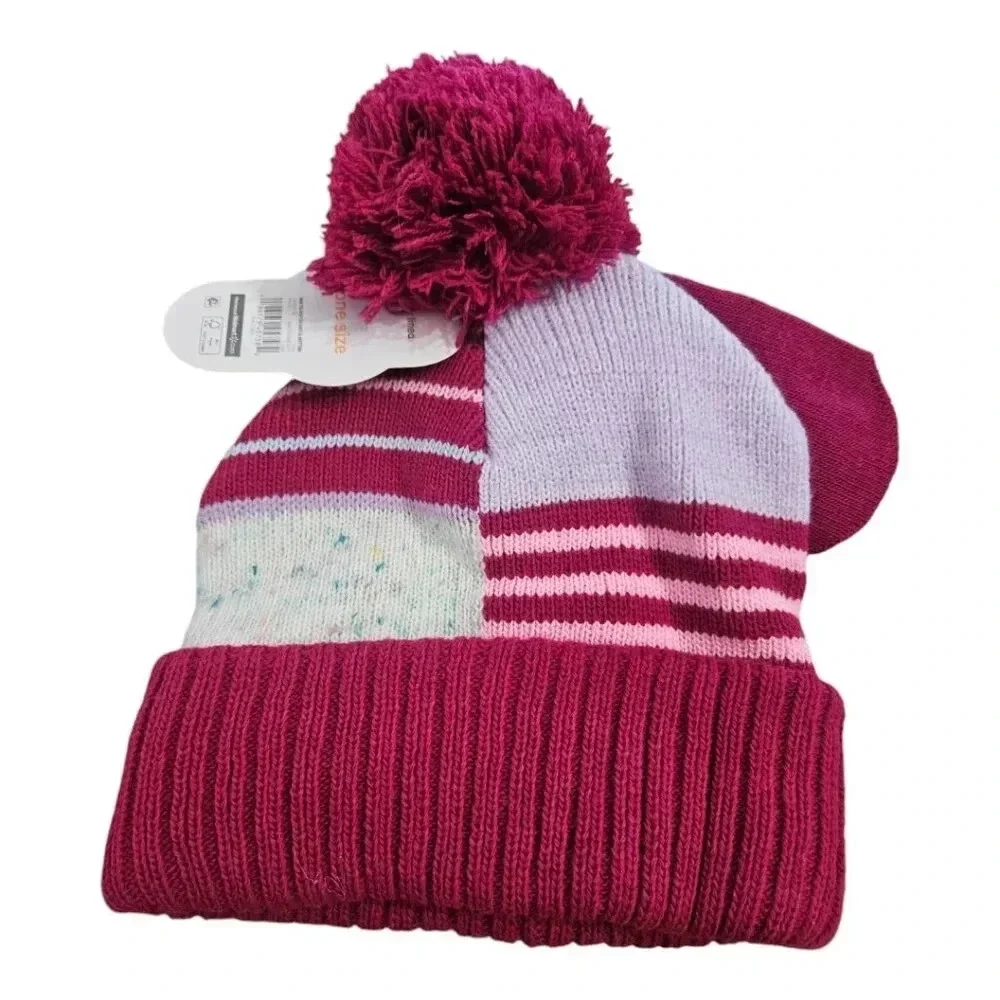 Fuschia/Pink/Red Little Girls Winter Beanie Hat and Mitten Set With Top Pom